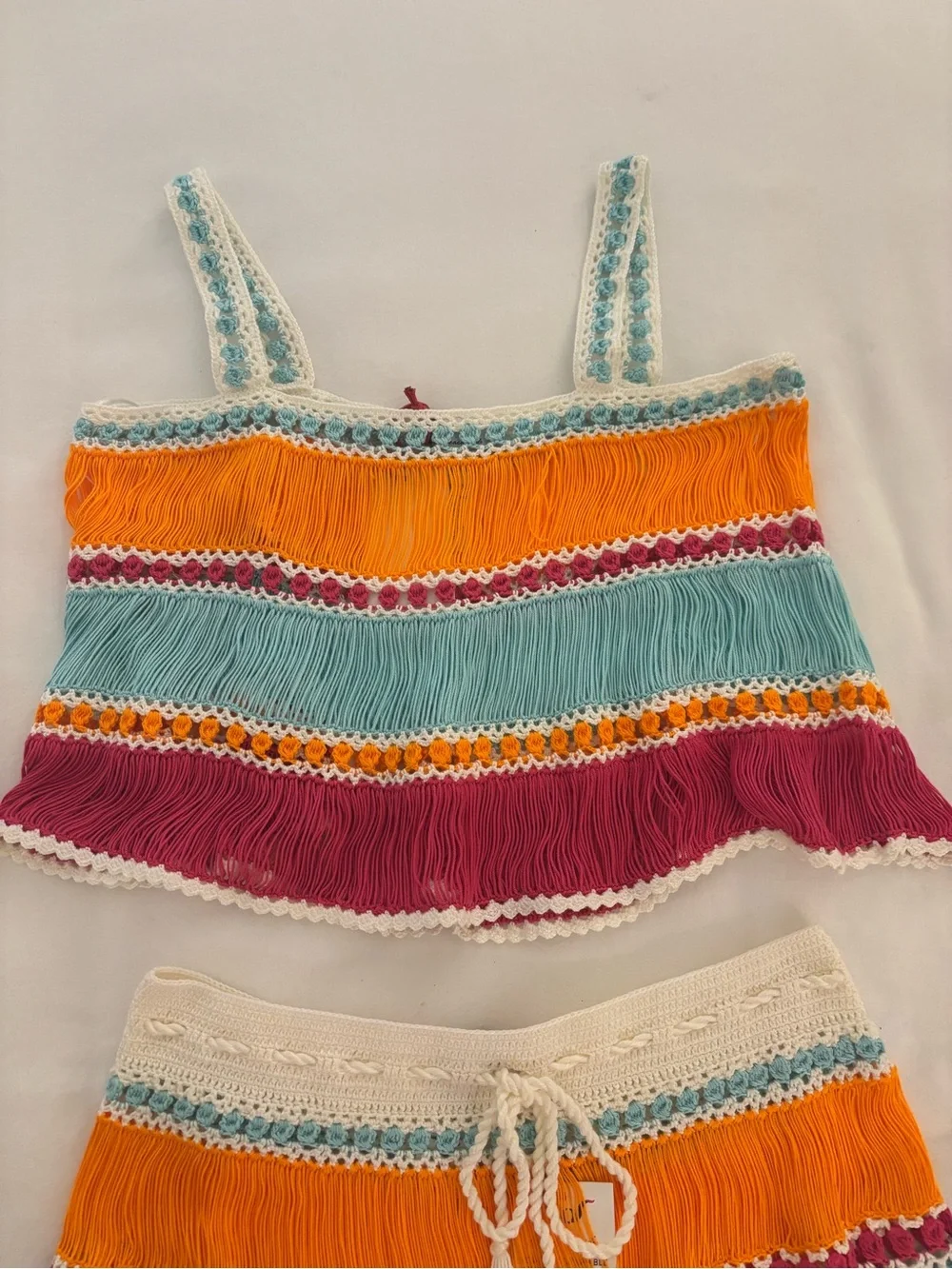 🧡 My Beachy Side Handmade Crochet Fringe Set — Top (M) / Skirt (S)